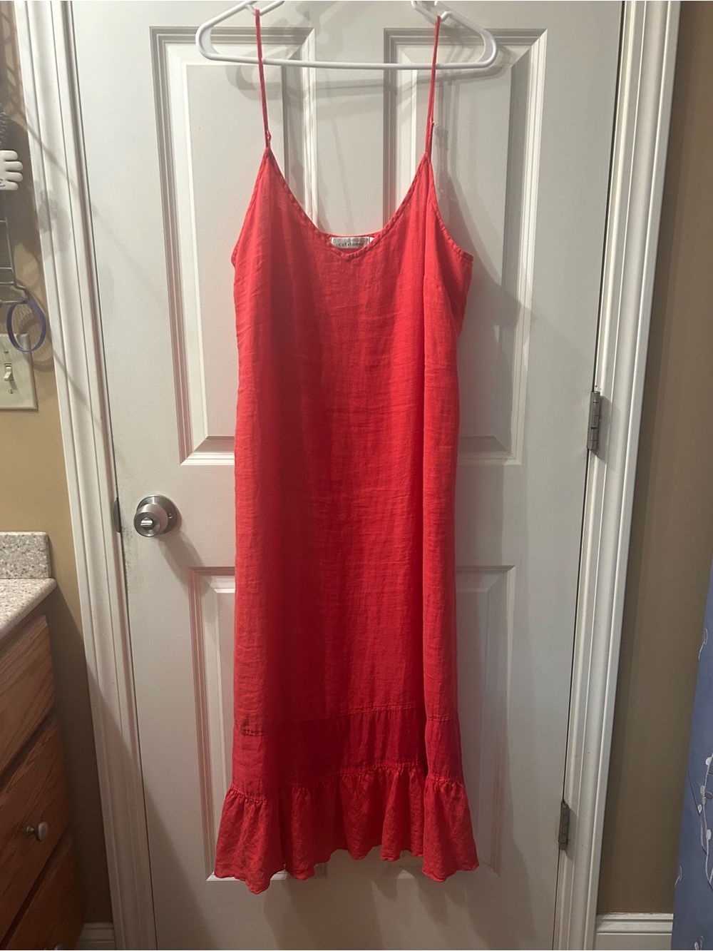 cut loose Bright Coral spaghetti strap 100% Linen ruffled hem dress